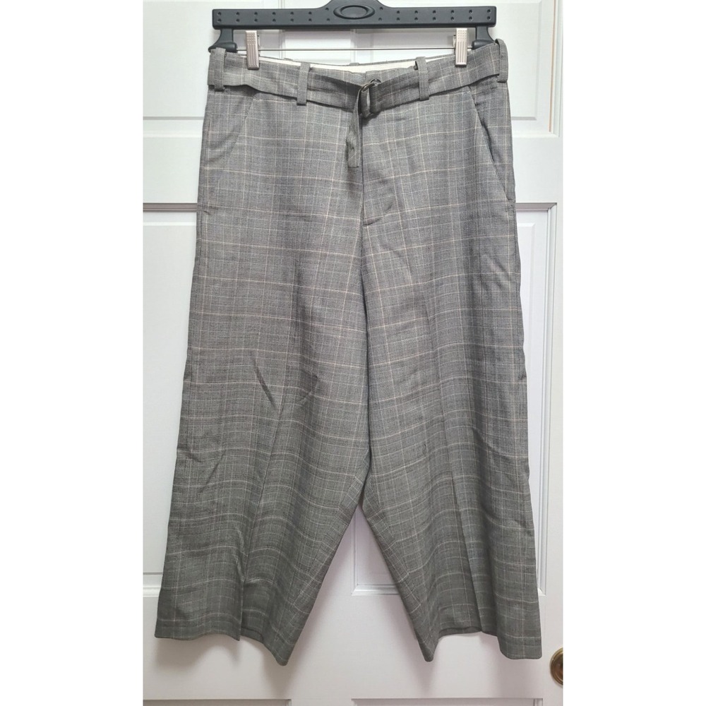 Pas de Calais Women's Lightweight Wool Windowpane Wide Leg Crop Pants - 38